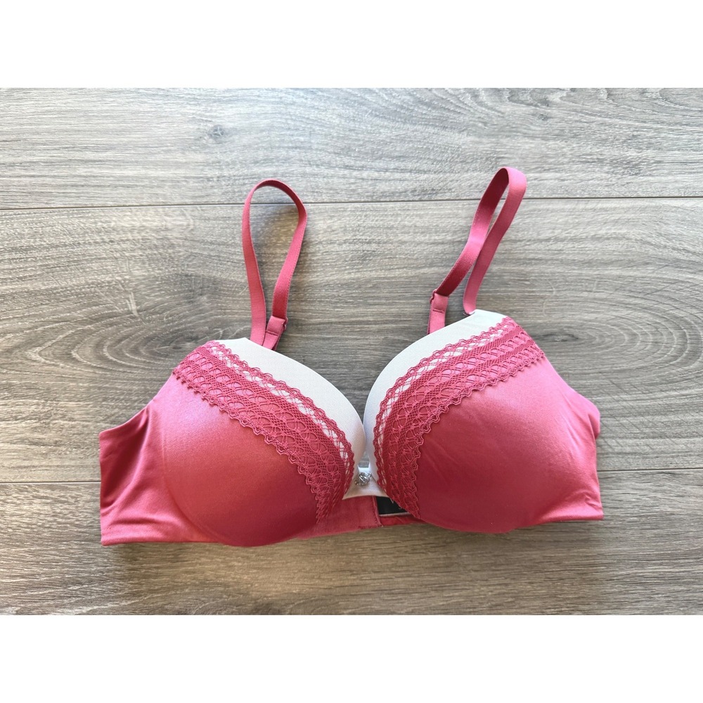 Victoria's Secret Push-Up Bra 34B Red Lace Trim Satin Lingerie Very Sexy‎